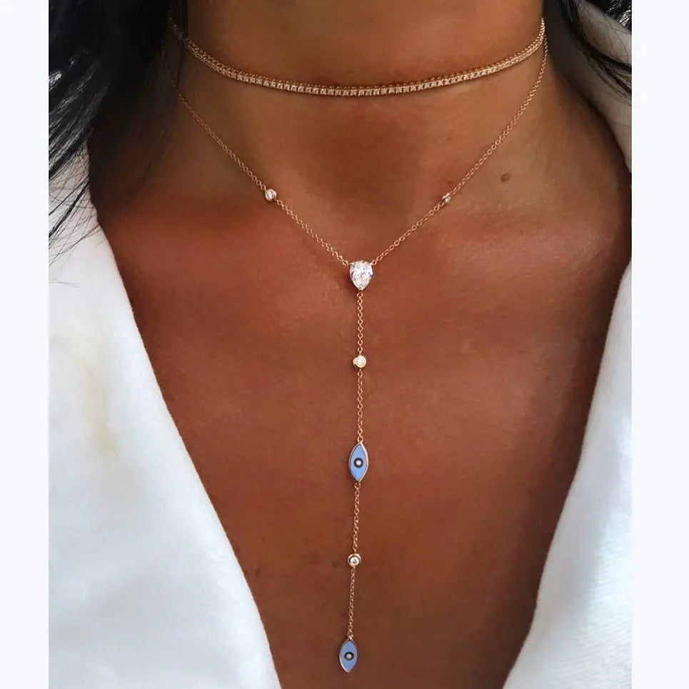 Enamel Evil Eye White CZ Y-Lariat Link Chain Necklace