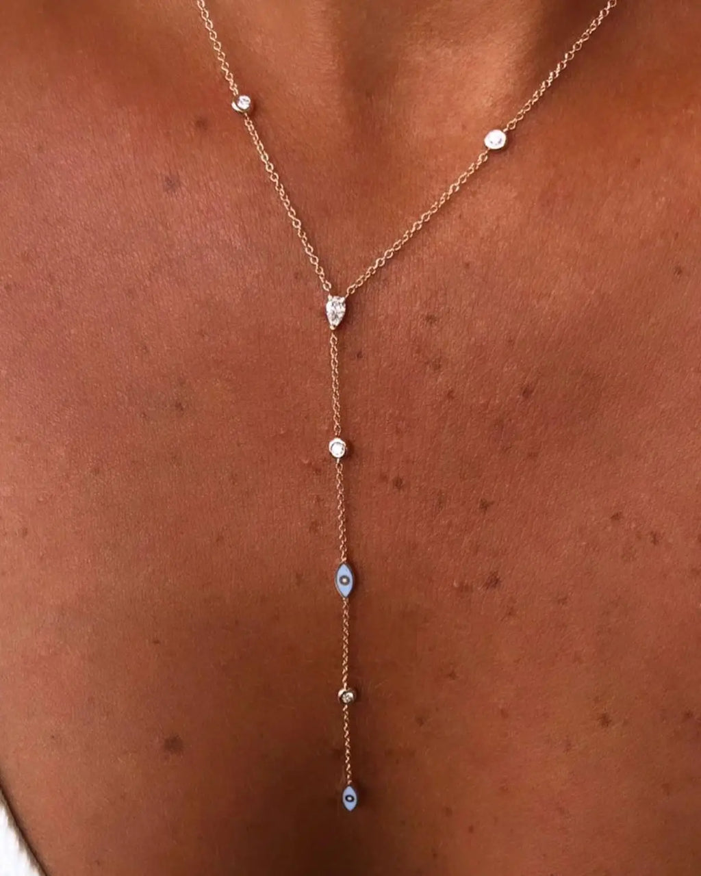 Enamel Evil Eye White CZ Y-Lariat Link Chain Necklace