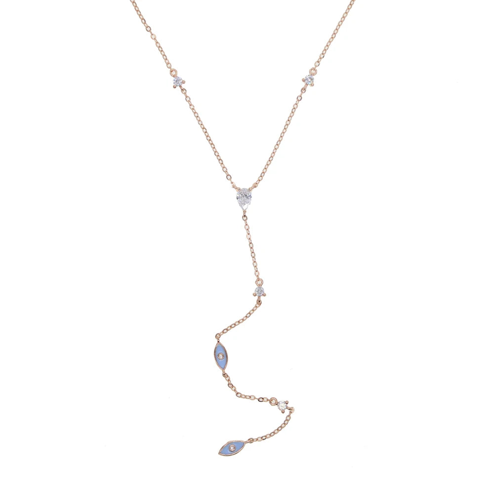 Enamel Evil Eye White CZ Y-Lariat Link Chain Necklace