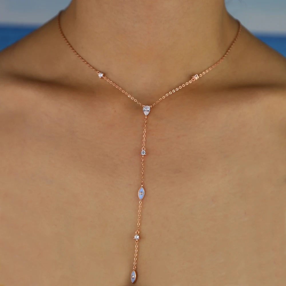 Enamel Evil Eye White CZ Y-Lariat Link Chain Necklace