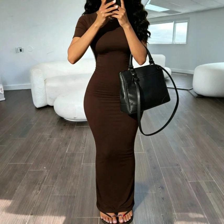 Women's Solid O-Neck Bodycon Short Sleeve Long Dress