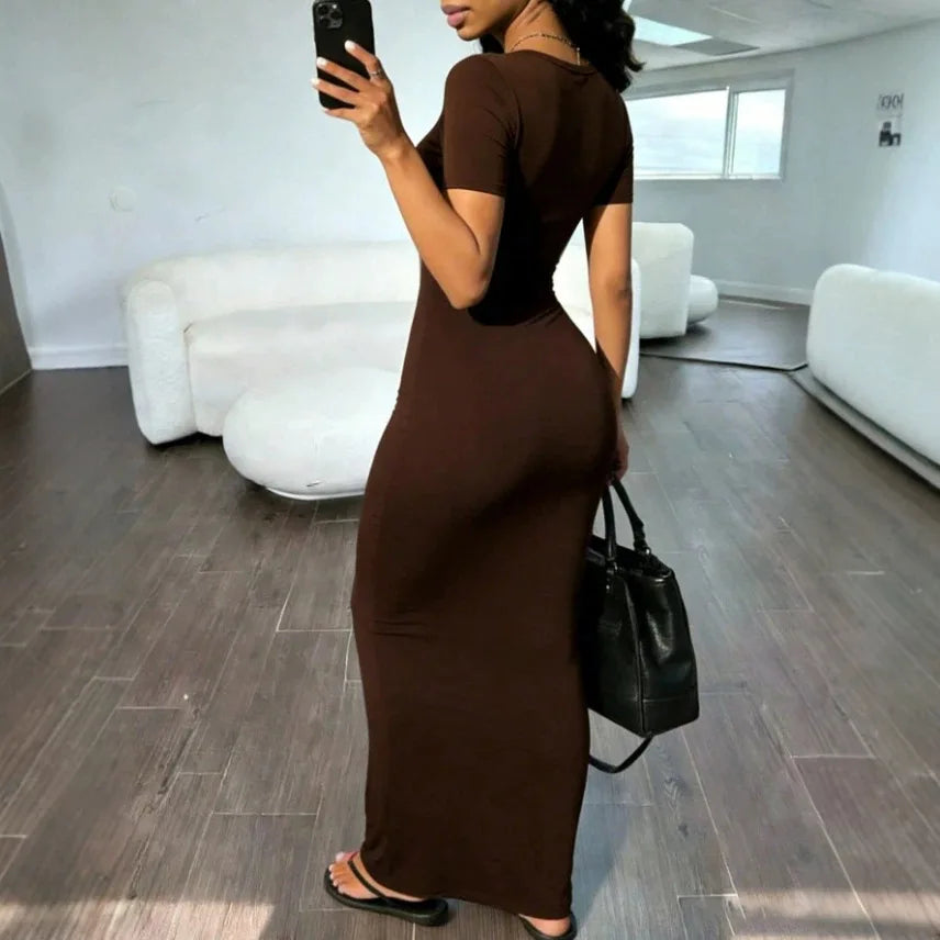 Women's Solid O-Neck Bodycon Short Sleeve Long Dress