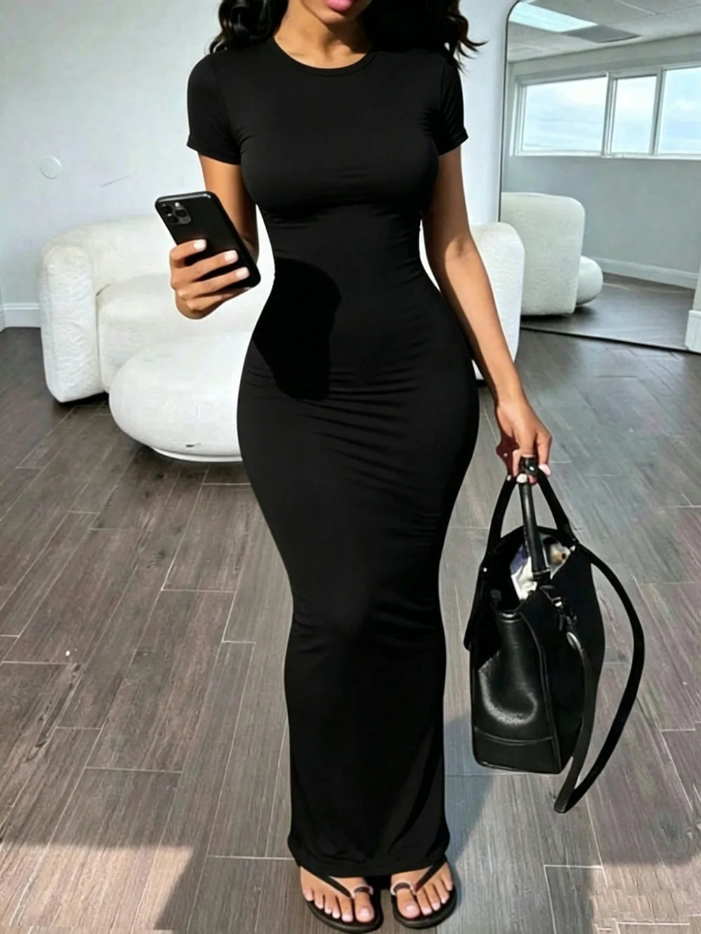 Women's Solid O-Neck Bodycon Short Sleeve Long Dress