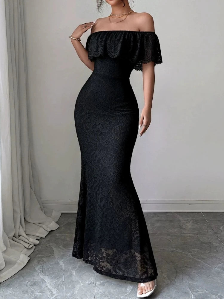 Elegant Off-Shoulder Ruffle Strapless Bodycon Maxi Dress