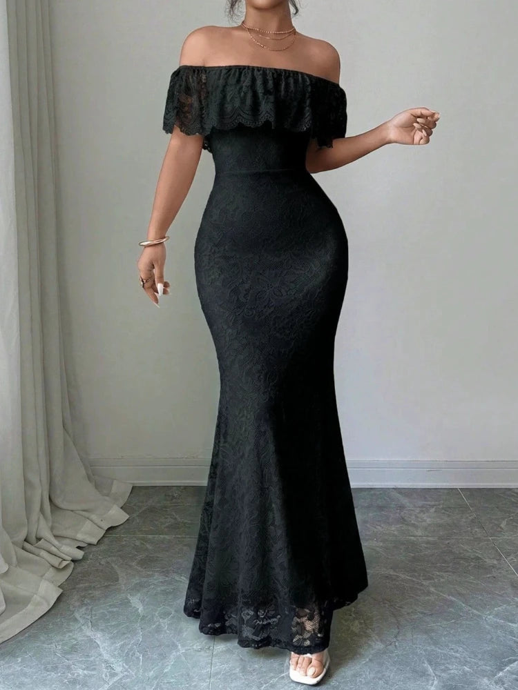 Elegant Off-Shoulder Ruffle Strapless Bodycon Maxi Dress