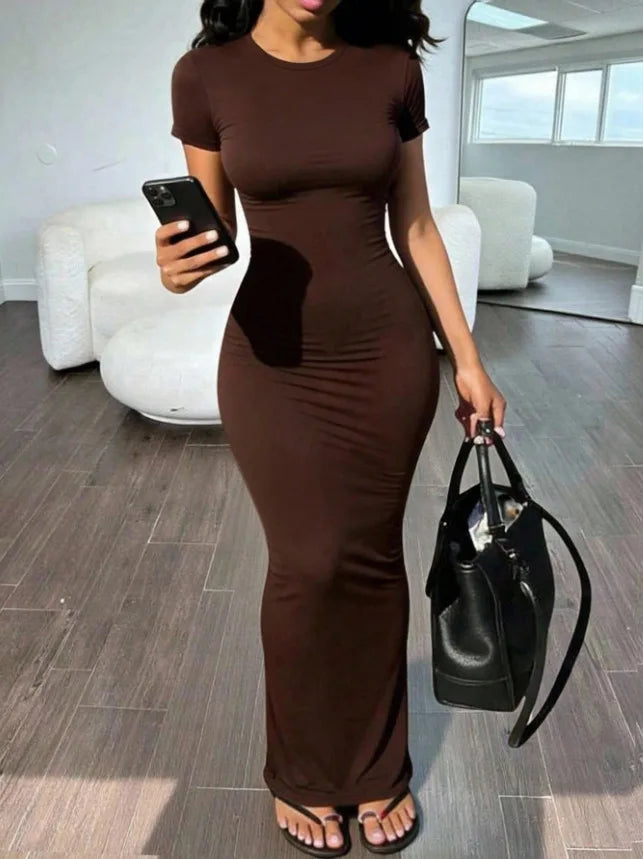 Women's Solid O-Neck Bodycon Short Sleeve Long Dress