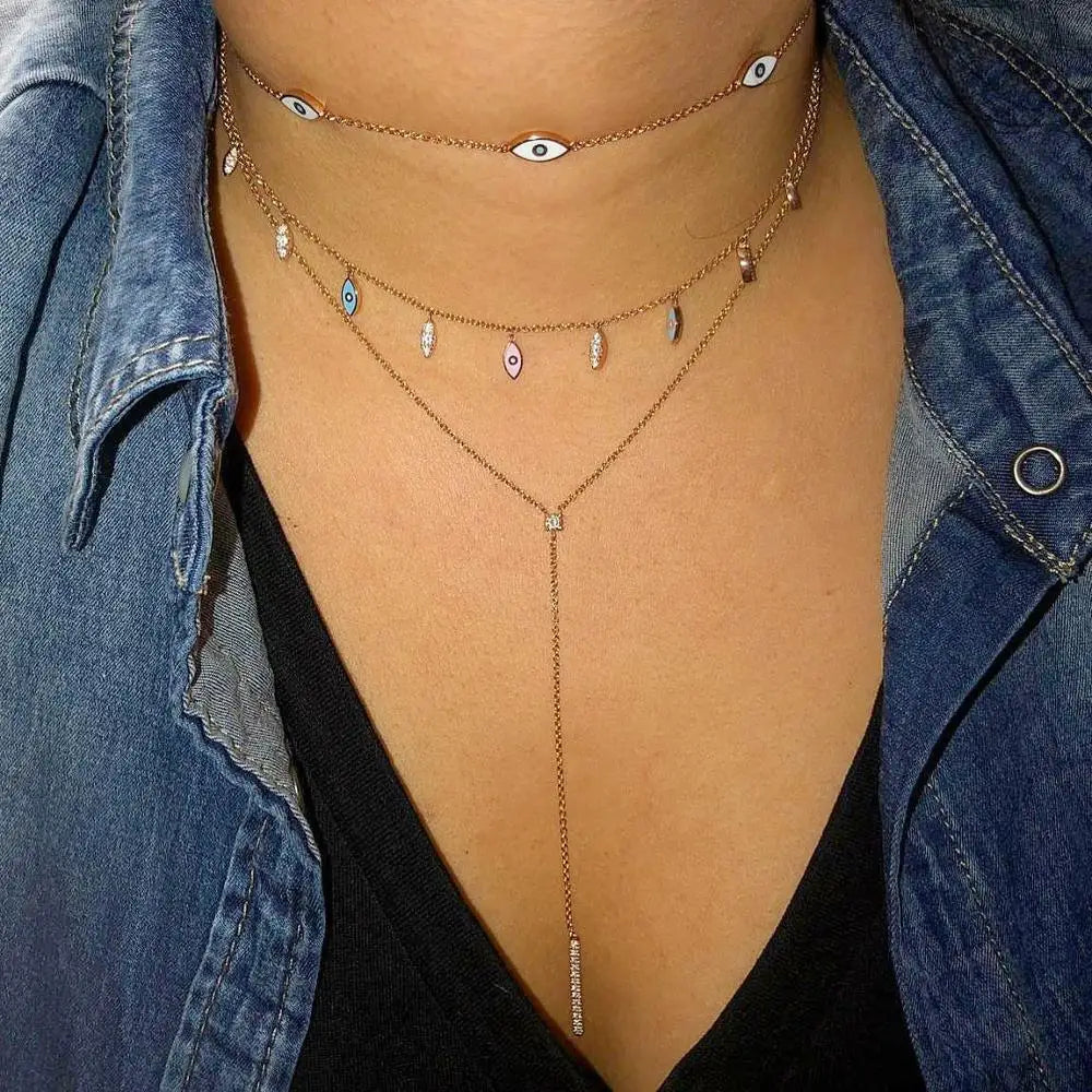 Enamel Evil Eye White CZ Y-Lariat Link Chain Necklace