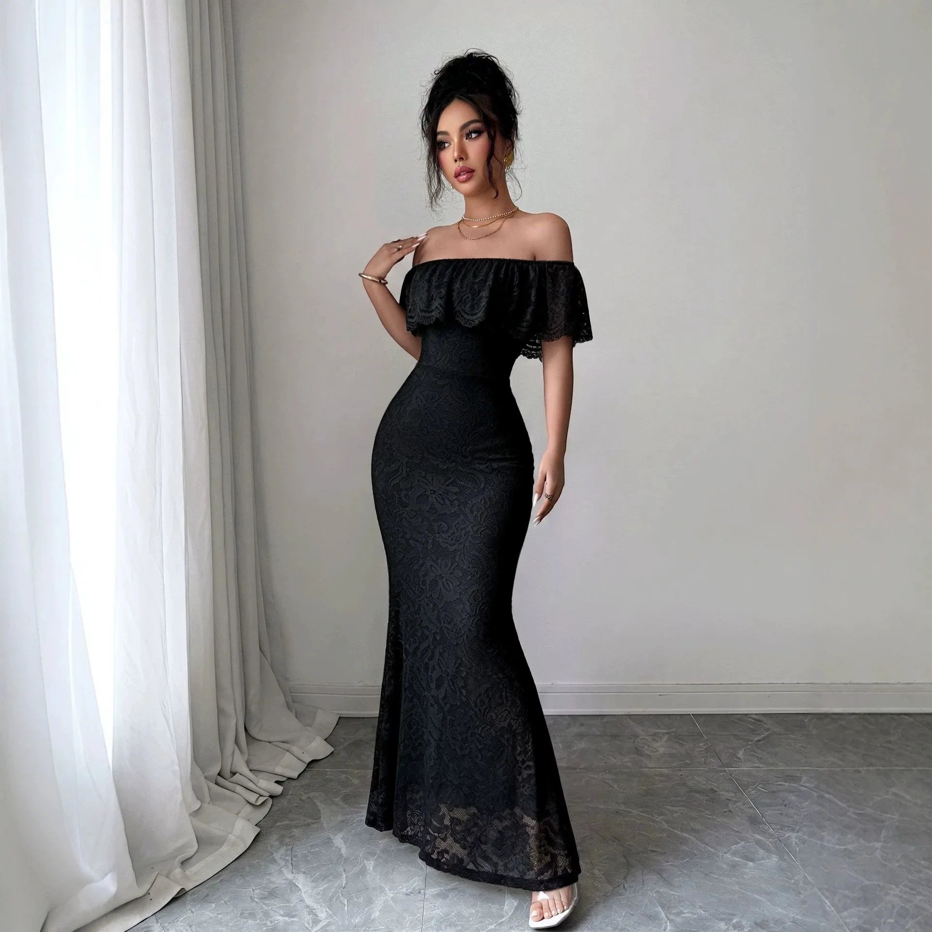 Elegant Off-Shoulder Ruffle Strapless Bodycon Maxi Dress