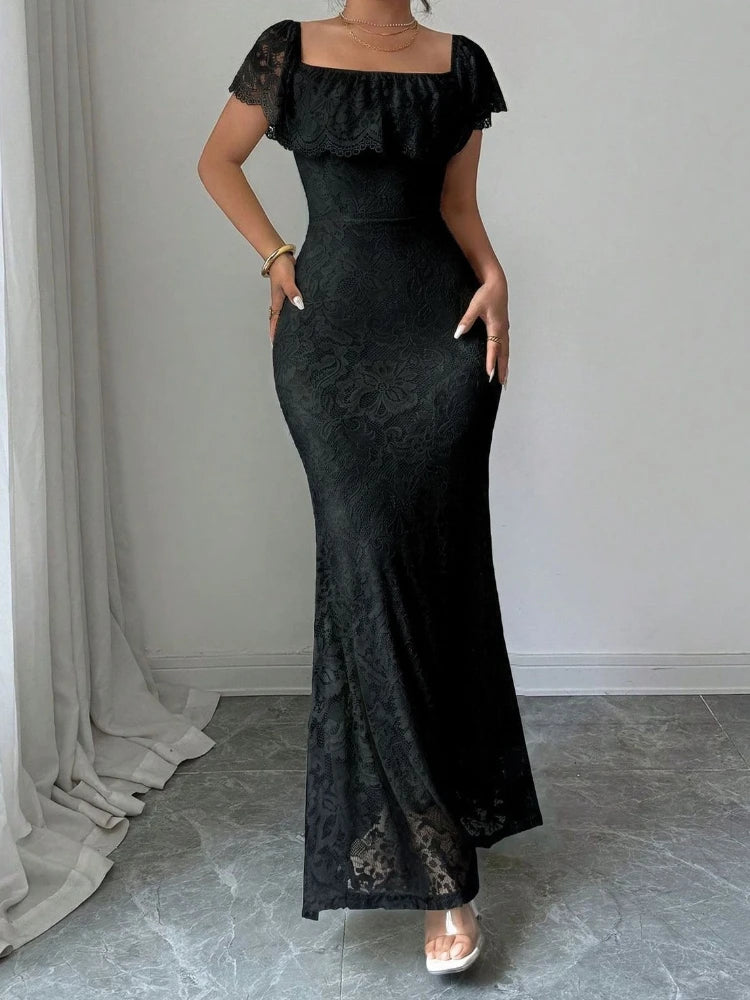 Elegant Off-Shoulder Ruffle Strapless Bodycon Maxi Dress