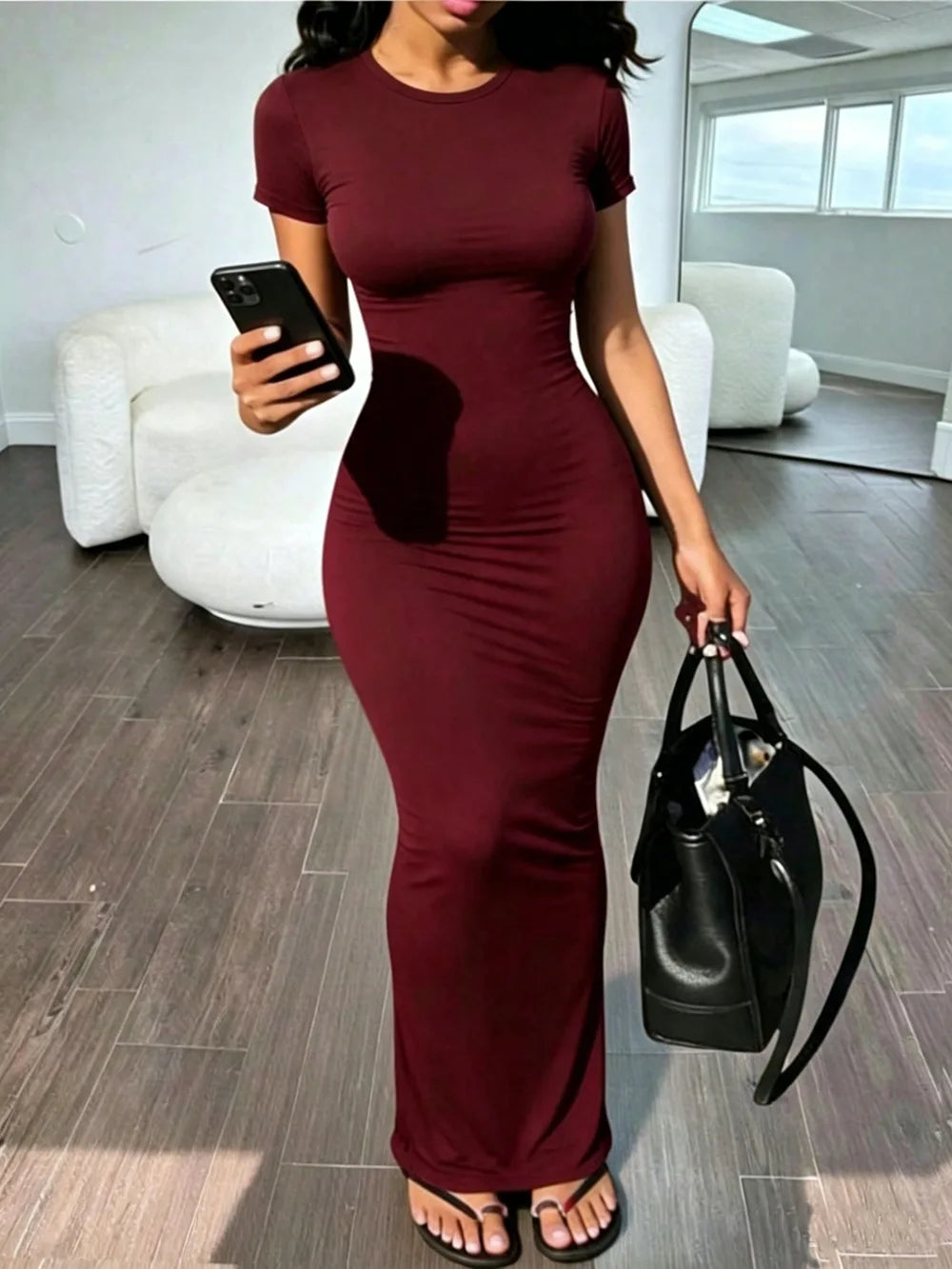 Women's Solid O-Neck Bodycon Short Sleeve Long Dress