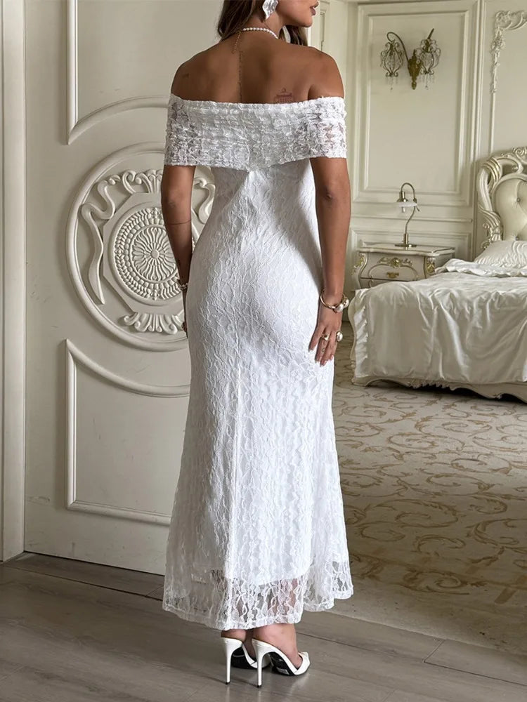 Tinaa Women's White Lace Off-Shoulder High Waisted Maxi Evening Gown