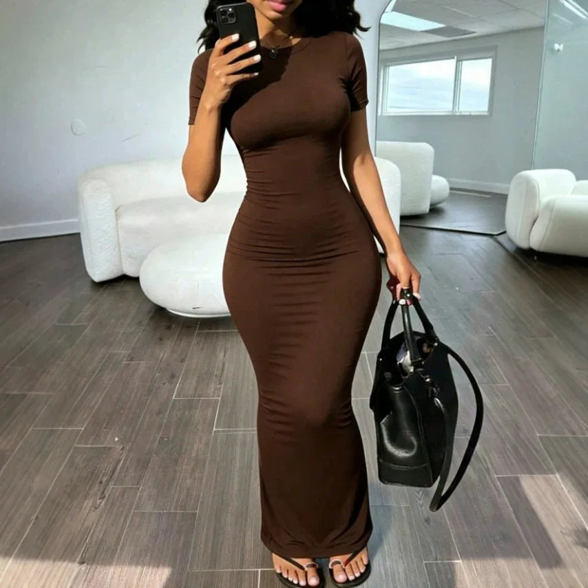 Women's Solid O-Neck Bodycon Short Sleeve Long Dress