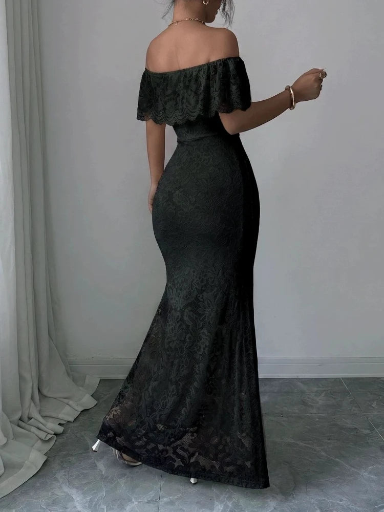 Elegant Off-Shoulder Ruffle Strapless Bodycon Maxi Dress