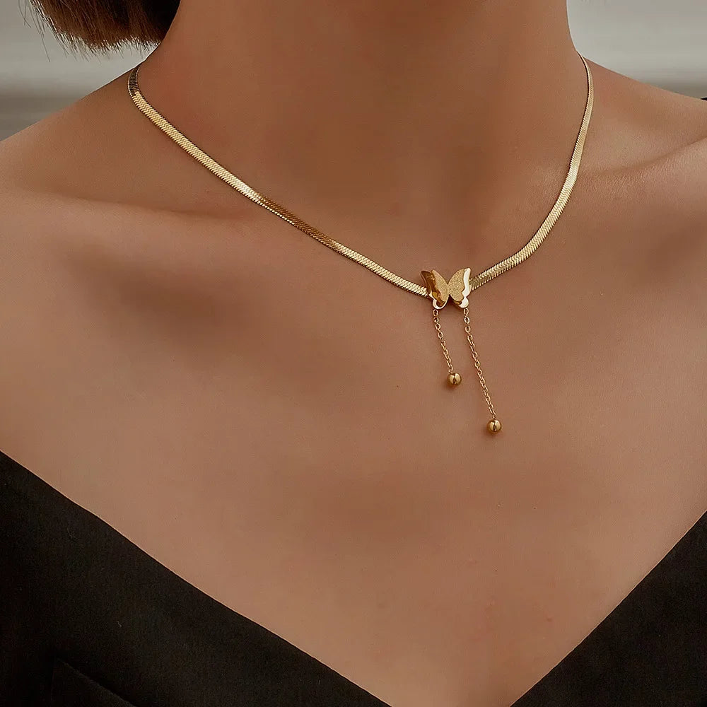 Vintage Butterfly Golden Stainless Steel Snake Chain Choker Necklace