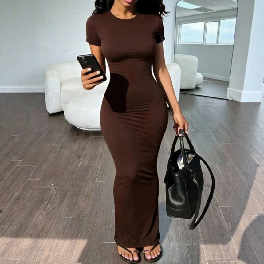 Women's Solid O-Neck Bodycon Short Sleeve Long Dress