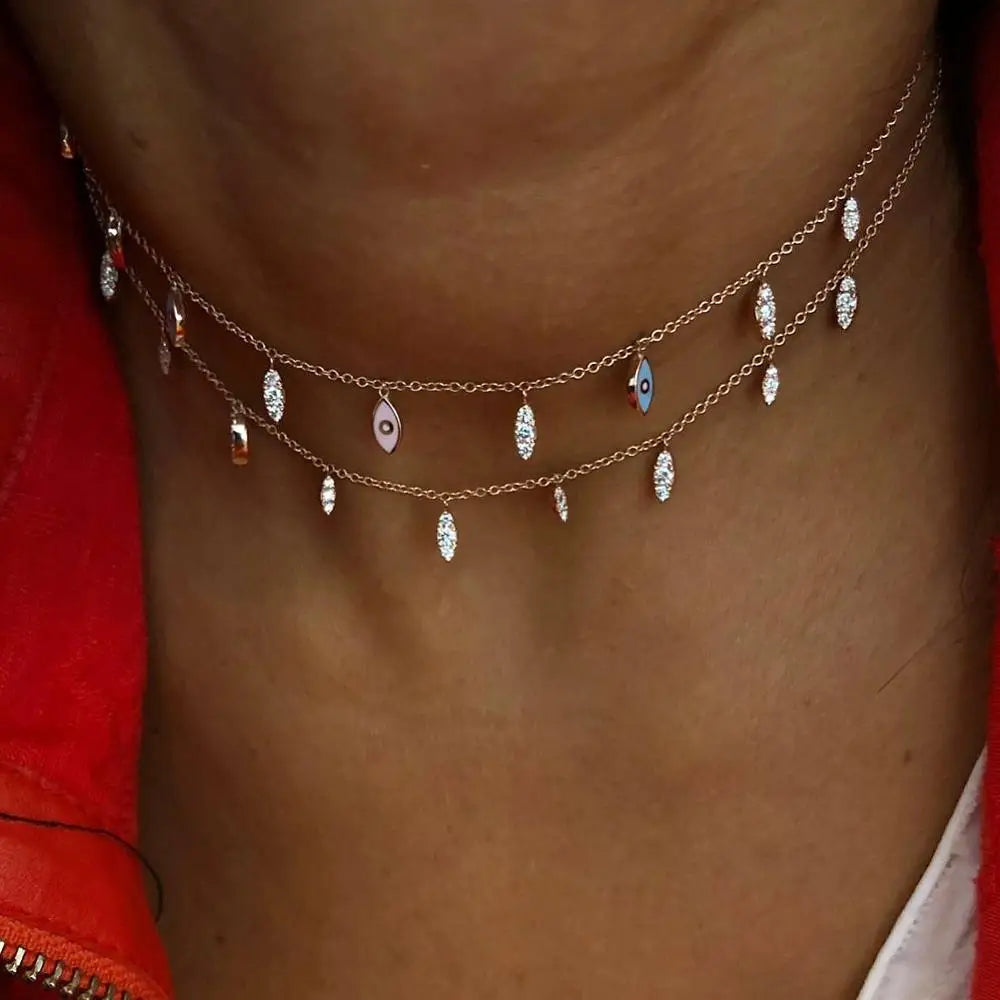 Enamel Evil Eye White CZ Y-Lariat Link Chain Necklace