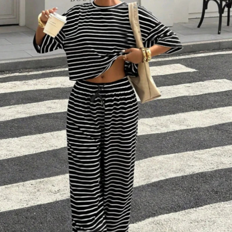 Women's Striped 2-Piece Set: Half Sleeve Crop Top and Wide Leg Pants